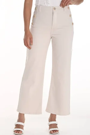 Frank Lyman PANTS|Wide Leg Button Trim Jean | Light Beige